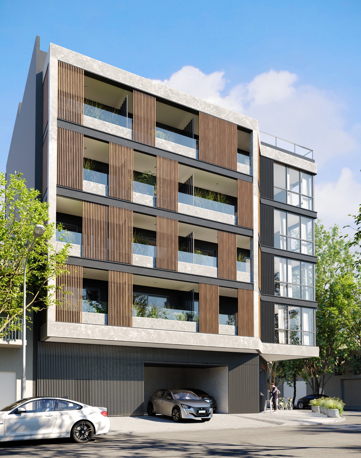 ON Thames · Thames 890 · Fachada lateral con balcones y persianas de madera