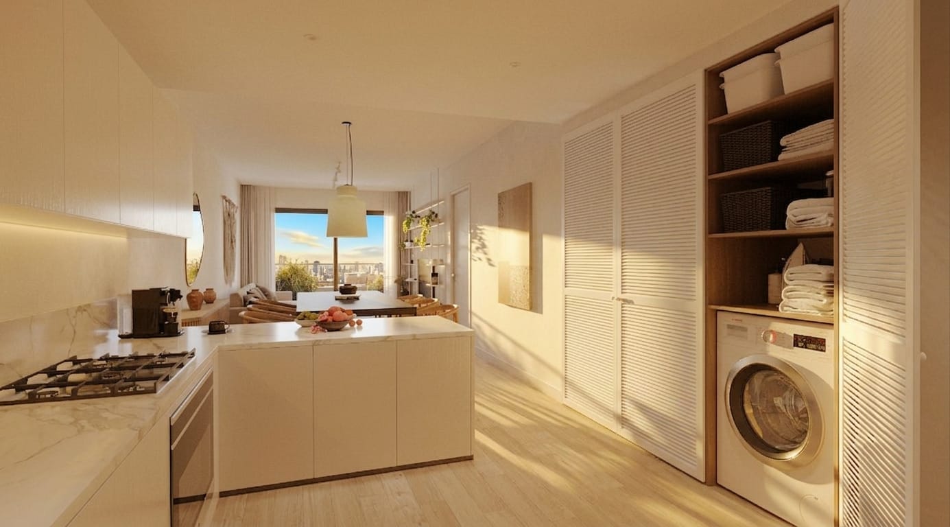 ON Thames · Thames 890 · Interior cocina integrada con lavadero — render arquitectónico