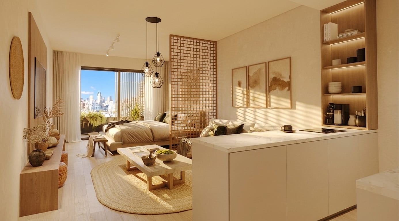 ON Thames · Thames 890 · Interior living-dormitorio con kitchenette — render arquitectónico