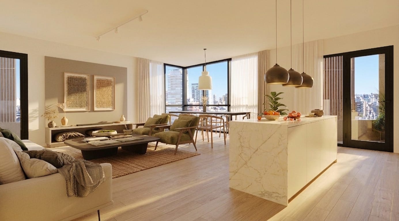 ON Thames · Thames 890 · Interior living comedor con isla de cocina — render arquitectónico